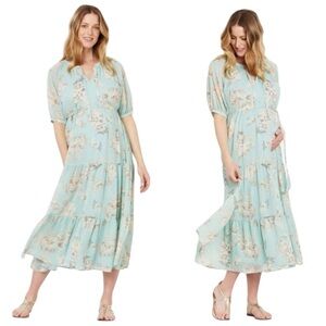 🆕 MOTHERHOOD Maternity Green
Floral Medium Chiffon Tiered Midi Maternity Dress S